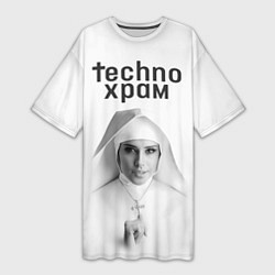 Футболка женская длинная Techno храм монашка улыбается, цвет: 3D-принт