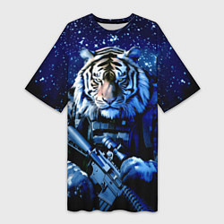 Футболка женская длинная Тигр солдат снег и звезды, цвет: 3D-принт