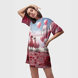 Футболка женская длинная Розовые влюбленные ламы, цвет: 3D-принт — фото 2