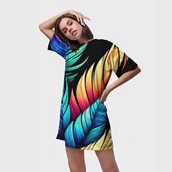Футболка женская длинная Color feathers - neon, цвет: 3D-принт — фото 2