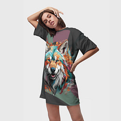 Футболка женская длинная Голова яркого волка, цвет: 3D-принт — фото 2