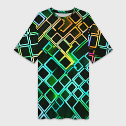 Женская длинная футболка Жёлто-синие квадраты на чёрном фоне