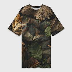 Женская длинная футболка Реалистичный охотничий камуфляж из ткани и листьев