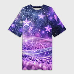 Женская длинная футболка Абстрактные звезды в фиолетовых искрах