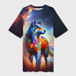 Футболка женская длинная Космический красочный волк, цвет: 3D-принт