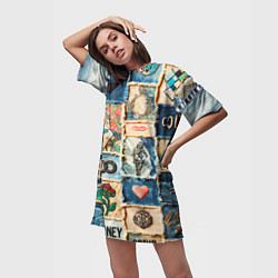 Футболка женская длинная Баксы и девушки на дениме - пэчворк, цвет: 3D-принт — фото 2