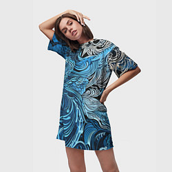 Футболка женская длинная Синие и белые абстрактные узоры, цвет: 3D-принт — фото 2