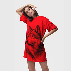 Футболка женская длинная Рисунок волка на красном, цвет: 3D-принт — фото 2