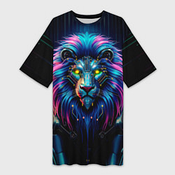Женская длинная футболка Неоновый лев в стиле киберпанк