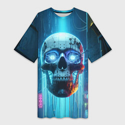 Футболка женская длинная Cyber skull - neon glow ai art, цвет: 3D-принт