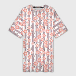 Футболка женская длинная Коралловые цветы на полосатом фоне, цвет: 3D-принт