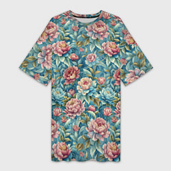 Женская длинная футболка Пионы паттерном садовые крупные цветы