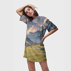 Футболка женская длинная Зелёное поле и небо - аниме, цвет: 3D-принт — фото 2