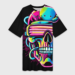 Футболка женская длинная Cyber skull - ai art neon, цвет: 3D-принт