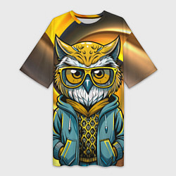 Футболка женская длинная Модная сова и желтый спиральный фон, цвет: 3D-принт