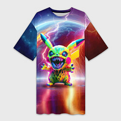 Футболка женская длинная Монстр Пикачу - неоновое свечение, цвет: 3D-принт