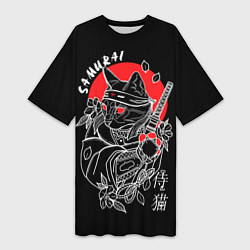Футболка женская длинная Черный кот - самурай, цвет: 3D-принт
