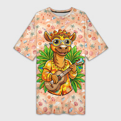 Футболка женская длинная Жираф играет на гитаре, цвет: 3D-принт