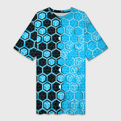 Футболка женская длинная Техно-киберпанк шестиугольники голубой и чёрный, цвет: 3D-принт
