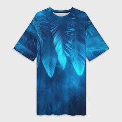 Футболка женская длинная Вертикальные синие перья и дым, цвет: 3D-принт