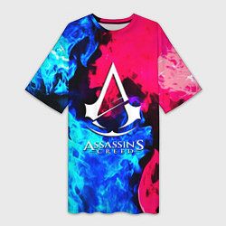 Женская длинная футболка Assassins Creed fight fire