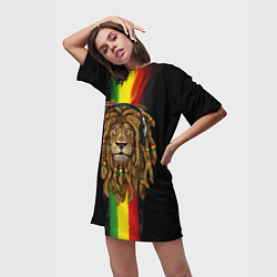 Футболка женская длинная Лев с дредами в наушниках, цвет: 3D-принт — фото 2