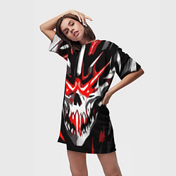 Футболка женская длинная Абстрактный белый череп и красные полосы, цвет: 3D-принт — фото 2