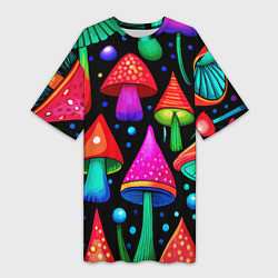 Футболка женская длинная Неоновые мухоморы в горошек, цвет: 3D-принт