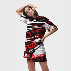 Футболка женская длинная Красно-чёрная агрессивная абстракция на белом фоне, цвет: 3D-принт — фото 2