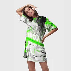 Футболка женская длинная Бело-зелёная абстракция на чёрном фоне, цвет: 3D-принт — фото 2