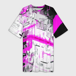 Футболка женская длинная Бело-розовая абстракция на чёрном фоне, цвет: 3D-принт