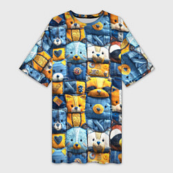 Футболка женская длинная Пэчворк с мордашками енотов, цвет: 3D-принт