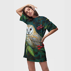 Футболка женская длинная Сипуха среди листьев и ягод, цвет: 3D-принт — фото 2