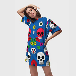 Футболка женская длинная Паттерн из цветных черепков муэрто - нейроарт, цвет: 3D-принт — фото 2