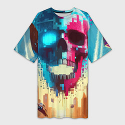 Женская длинная футболка Cool vanguard neon cyber skull - ai art