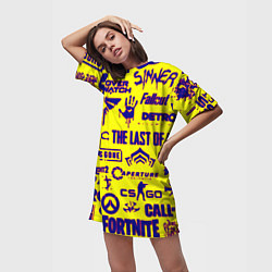 Футболка женская длинная Логотипы игр на жёлтом, цвет: 3D-принт — фото 2