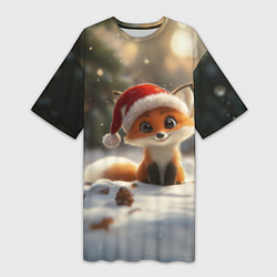 Футболка женская длинная Маленькая новогодняя лисичка, цвет: 3D-принт