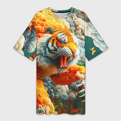 Футболка женская длинная Сказочный облачный тигр - нейроарт фантазия, цвет: 3D-принт