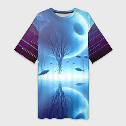 Футболка женская длинная Луна и рыбы - нейроарт фантазия, цвет: 3D-принт