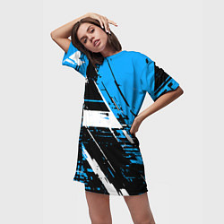 Футболка женская длинная Diagonal black and white stripes on a blue backgro, цвет: 3D-принт — фото 2