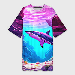 Футболка женская длинная Акула в розовом сиянии, цвет: 3D-принт