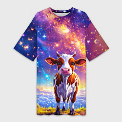Футболка женская длинная Коровка и звездное небо, цвет: 3D-принт