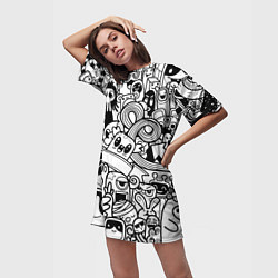 Футболка женская длинная Black and white doddle monsters, цвет: 3D-принт — фото 2