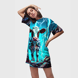 Футболка женская длинная Корова в разрядах молнии, цвет: 3D-принт — фото 2