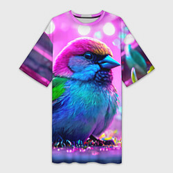 Футболка женская длинная Неоновый воробей, цвет: 3D-принт
