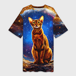 Футболка женская длинная Абиссинская кошка в космосе, цвет: 3D-принт