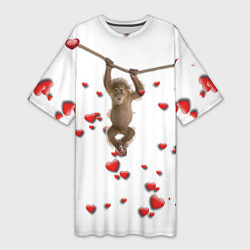 Футболка женская длинная Обезьянка висит на веревке среди сердечек, цвет: 3D-принт