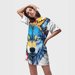 Футболка женская длинная Волк яркий арт, цвет: 3D-принт — фото 2