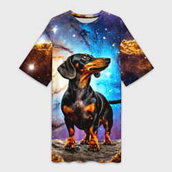 Футболка женская длинная Такса в космосе, цвет: 3D-принт