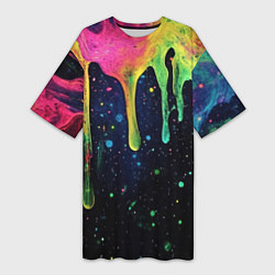 Футболка женская длинная Разноцветные потеки краски, цвет: 3D-принт